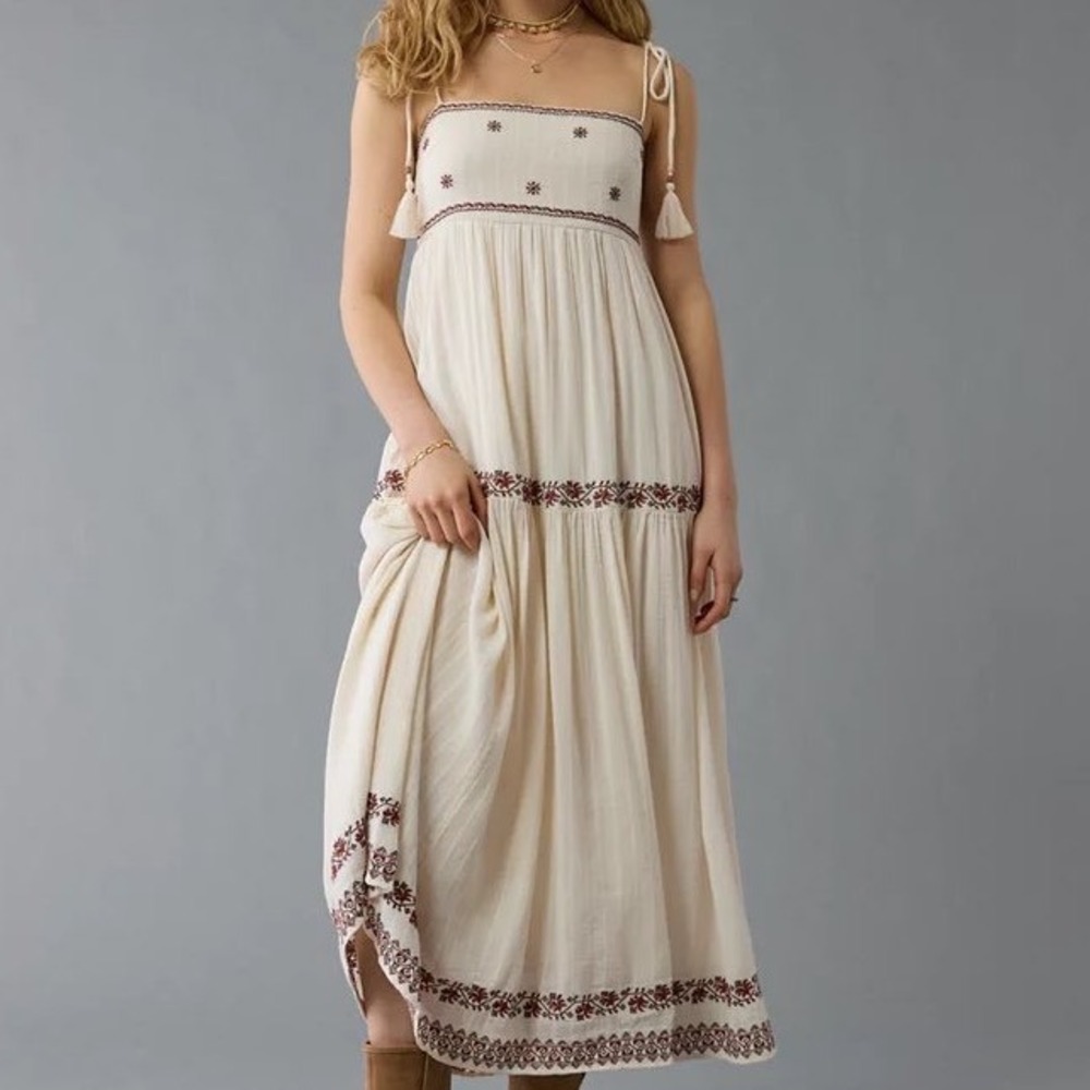 AE American Eagle Boho Empire Waist Embroidered Midi Dress Small Western Cream